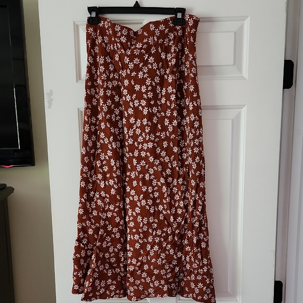 Floral Brown Maxi Skirt With Slit